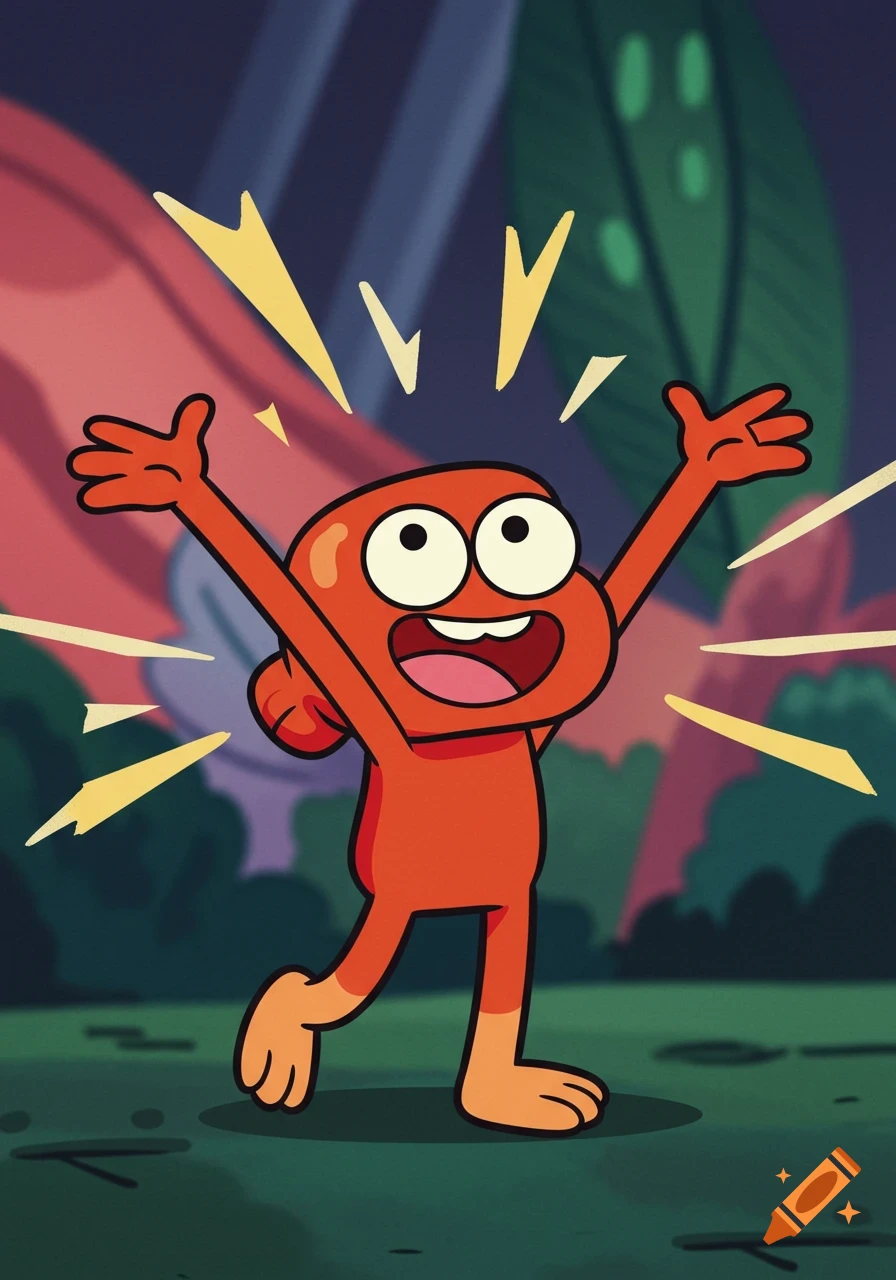 An excited orange cartoon character with wide eyes and open mouth raises its arms in a dark forest background.