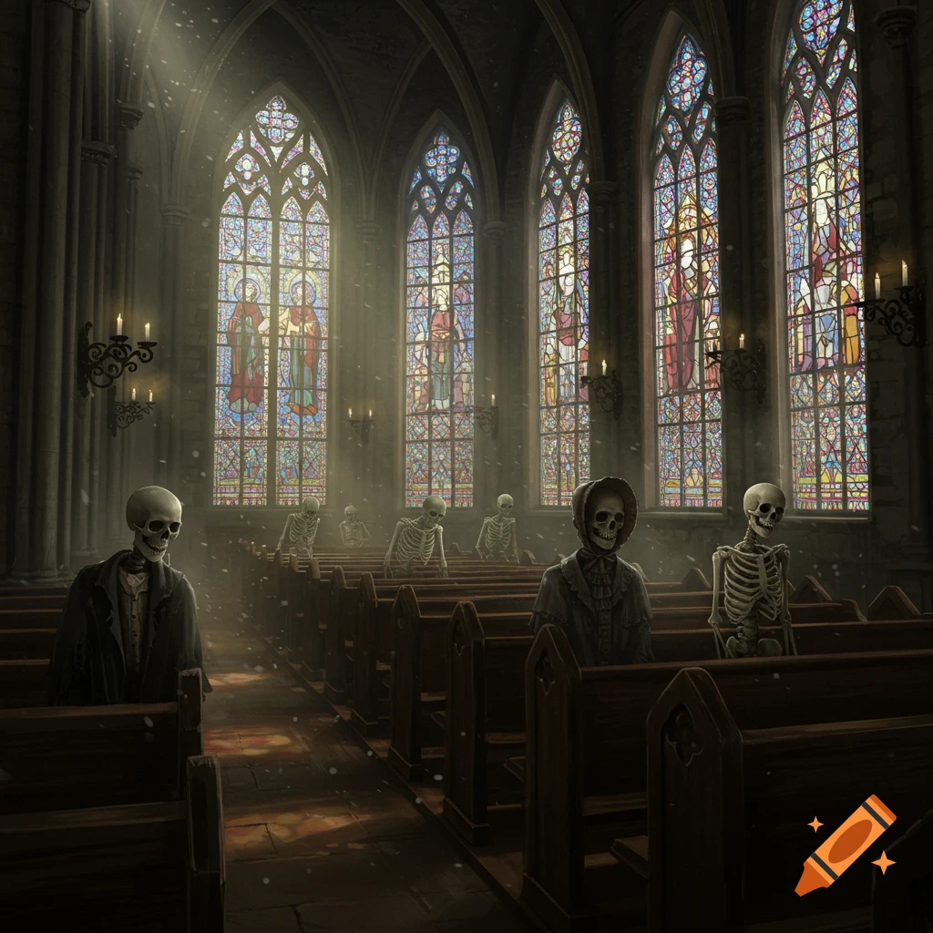 Skeletons in old clothing sit in wooden pews inside a gothic church with sunlight streaming through large stained-glass windows.