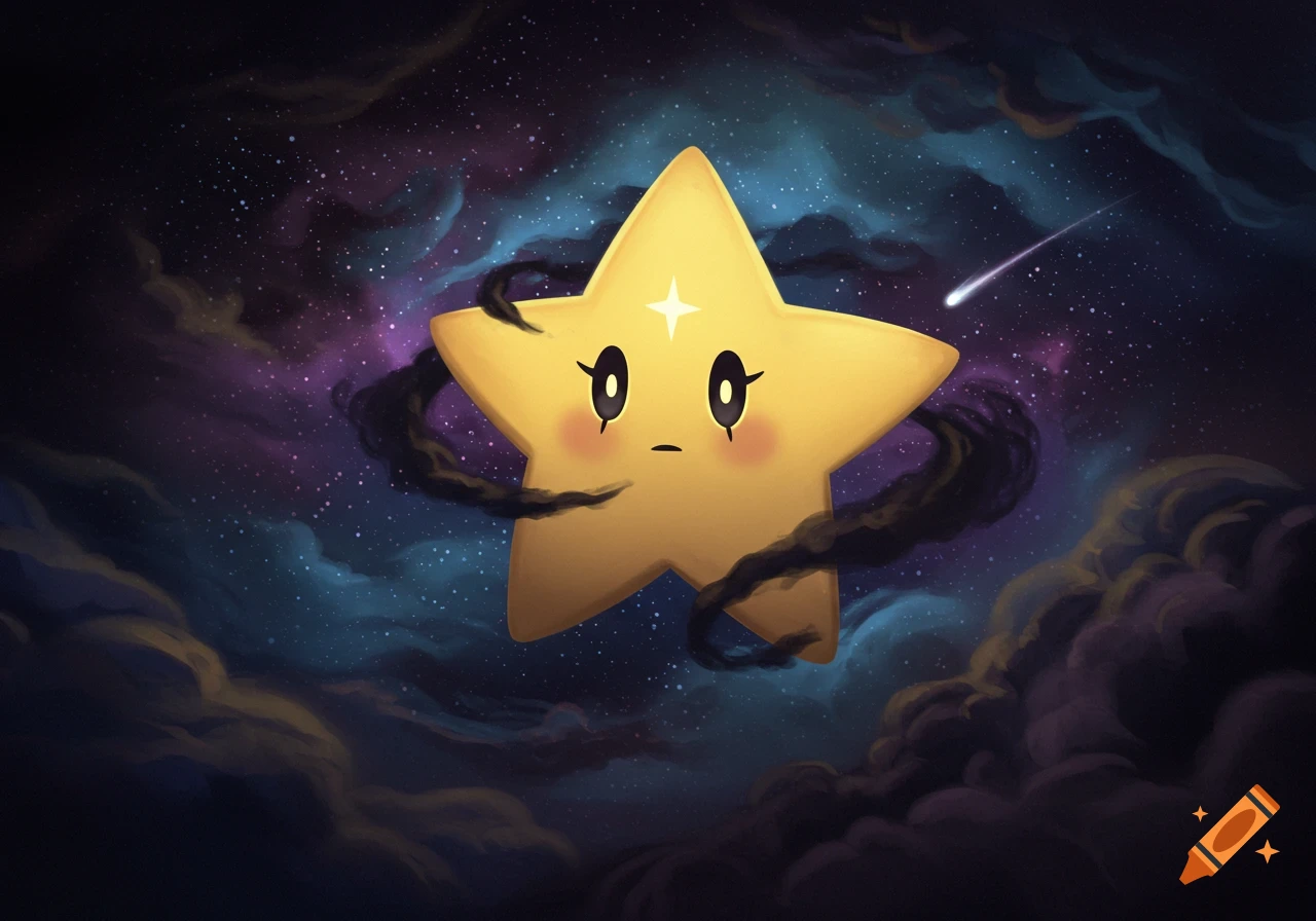 A sad, cartoonish yellow star with rosy cheeks and dark smoke around it, against a backdrop of a colorful nebula and a shooting star.