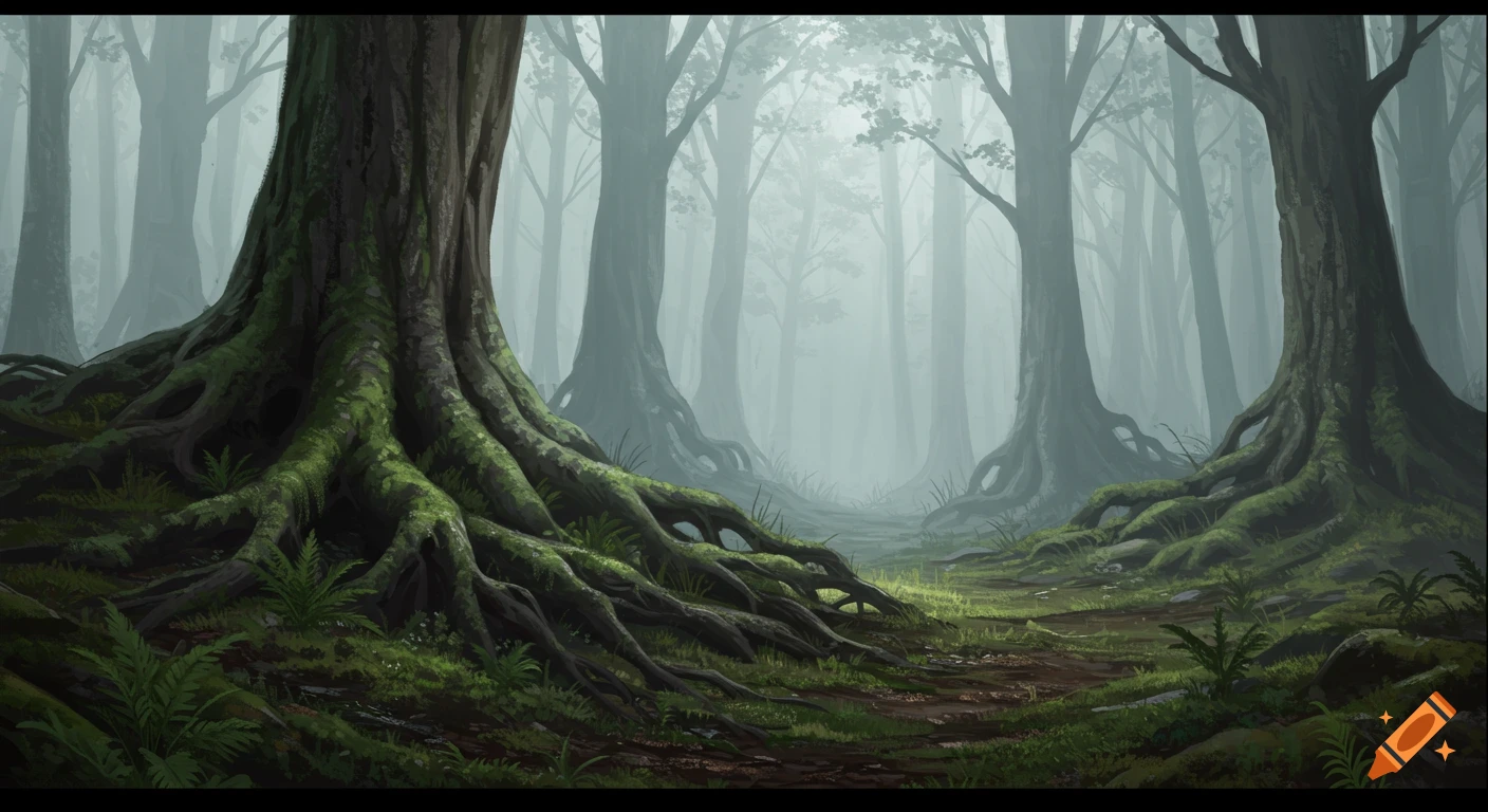 A misty forest scene with large trees, exposed roots covered in moss, and ferns on the forest floor.