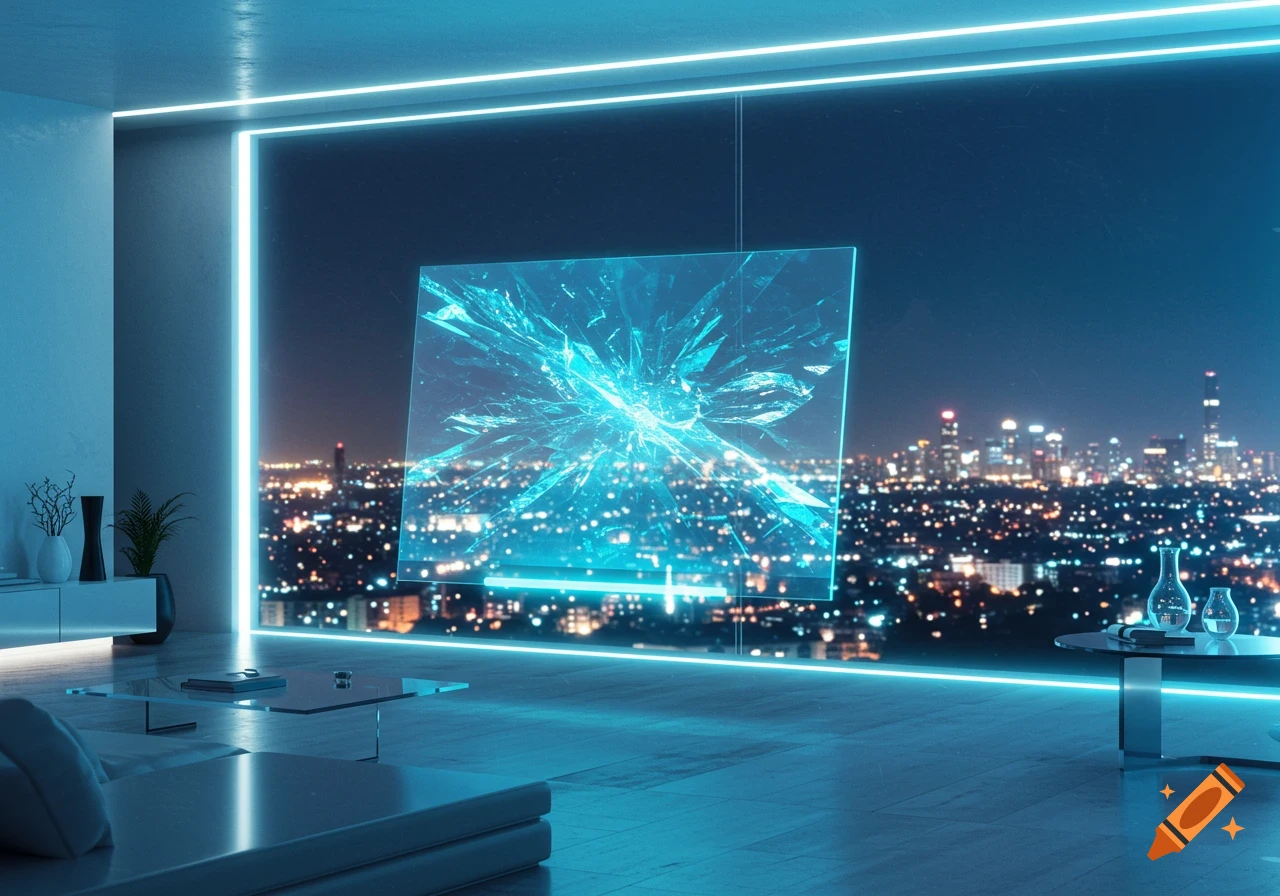 Futuristic living room with blue neon lights, a large window overlooking a city skyline, and a shattered holographic display.