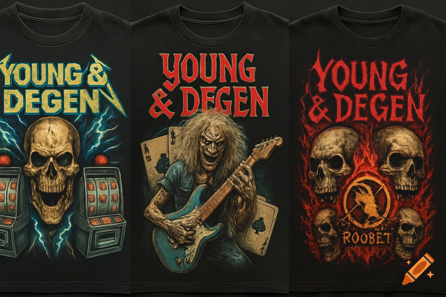 Three vintage heavy metal T-shirts feature skulls, slot machines, a zombie guitarist, and 'Young & Degen' text.