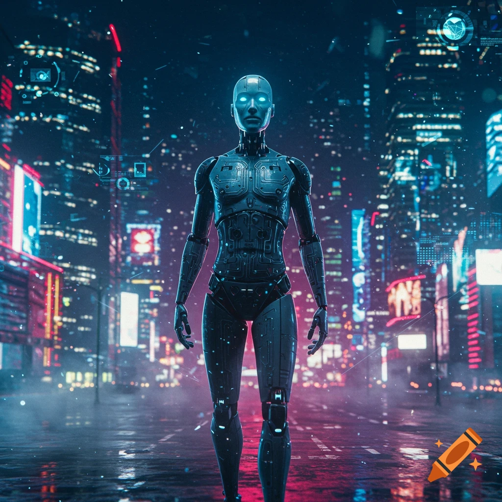 A sleek android with glowing eyes stands in a neon-lit cyberpunk city street at night.