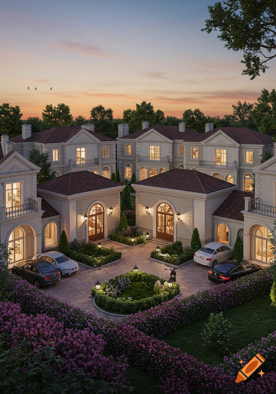 An aerial view of a luxurious multi-family estate with classical architecture, lush gardens, and cars parked in courtyards at sunset.