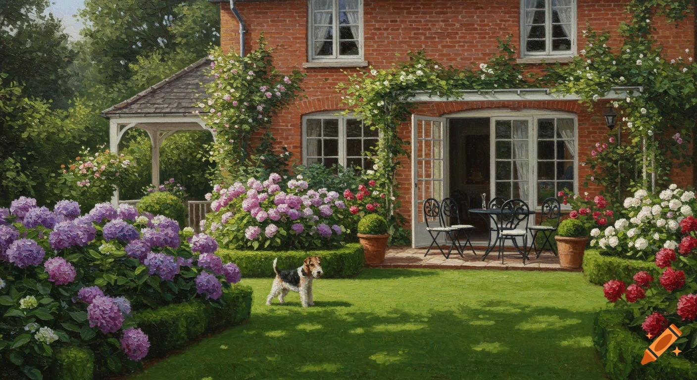 Painterly garden with a red brick house, vibrant hydrangeas and roses, outdoor patio furniture, and a fox terrier on the lawn.