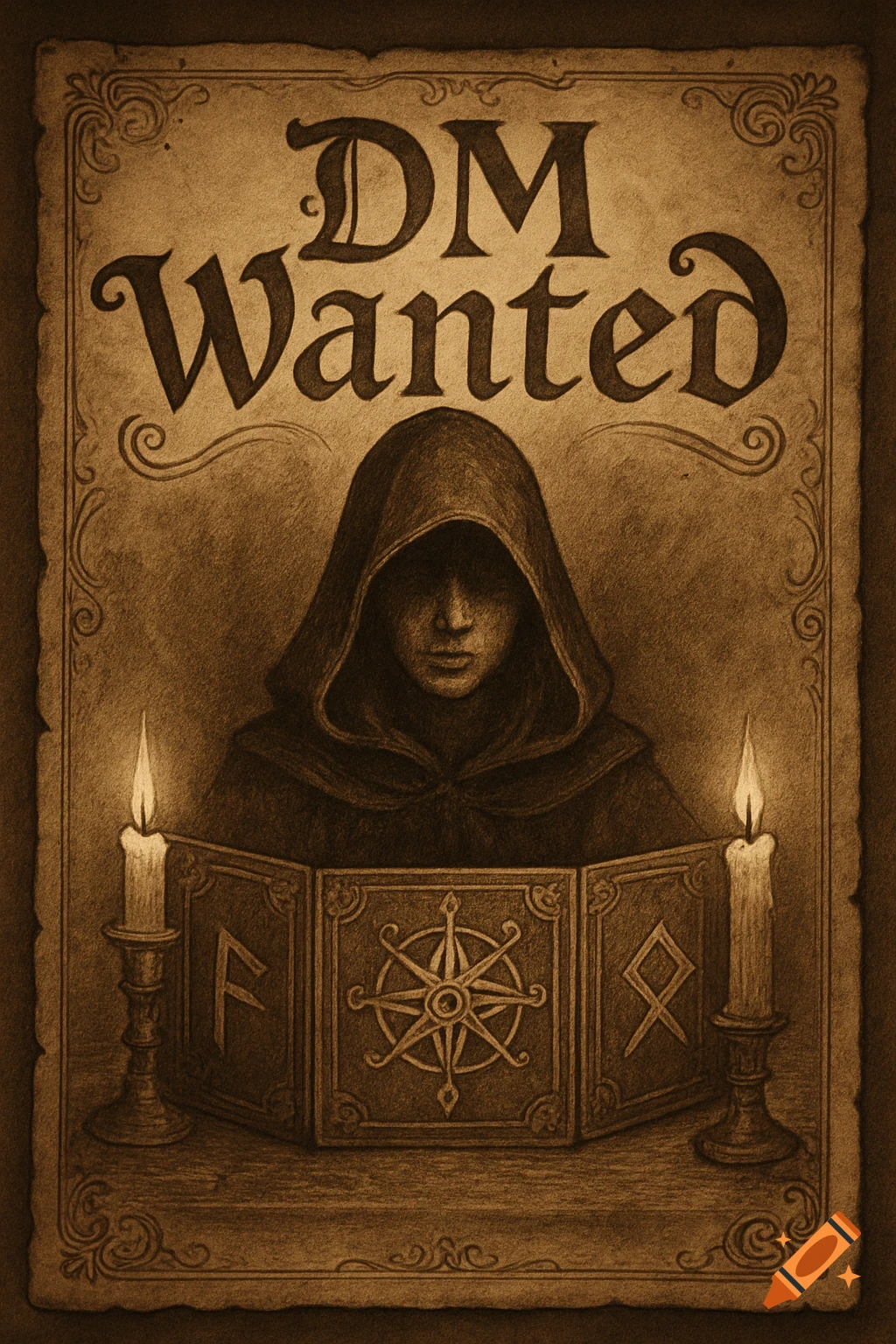 A sepia-toned fantasy wanted poster illustration reading 'DM Wanted' above a hooded figure behind a game screen with lit candles.