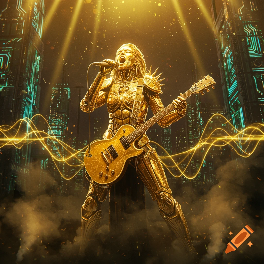 A golden armored figure with an electric guitar and microphone performs against a futuristic city skyline with glowing light beams and smoke.