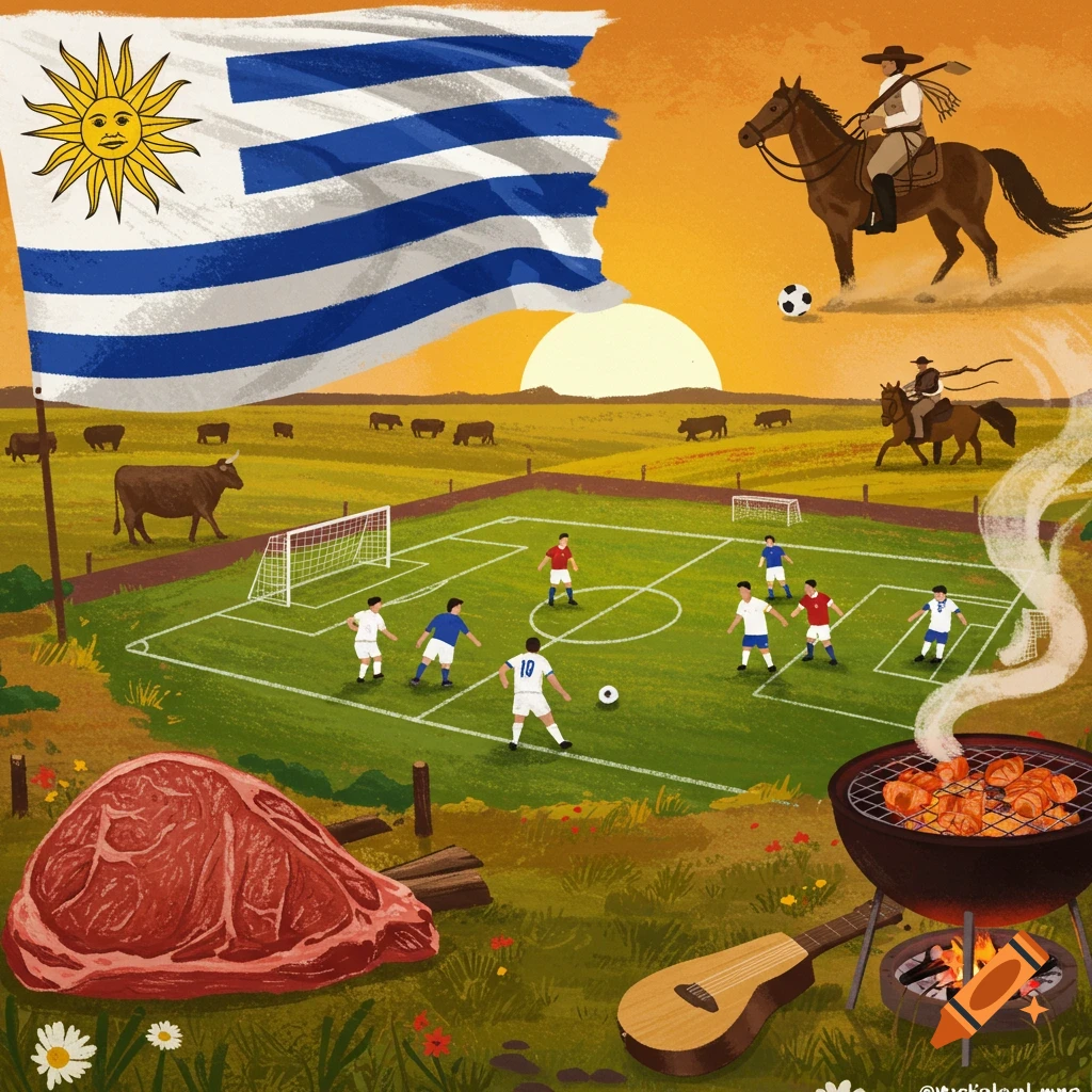 Stylized illustration of Uruguay's clichés: a huge flag, soccer game, gauchos, cows, raw meat, and a barbecue at sunset.