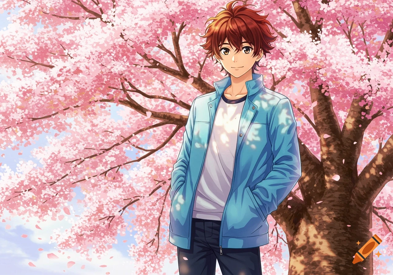 An anime teenage boy with brown hair in a blue jacket smiles, standing in front of pink cherry blossom trees.