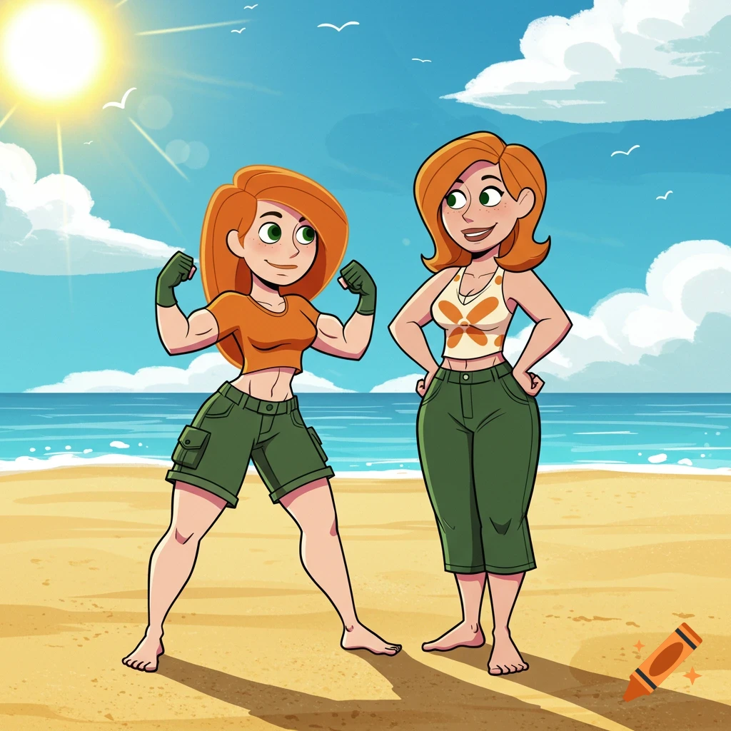 Cartoon of Kim Possible flexing at the beach next to her mom.