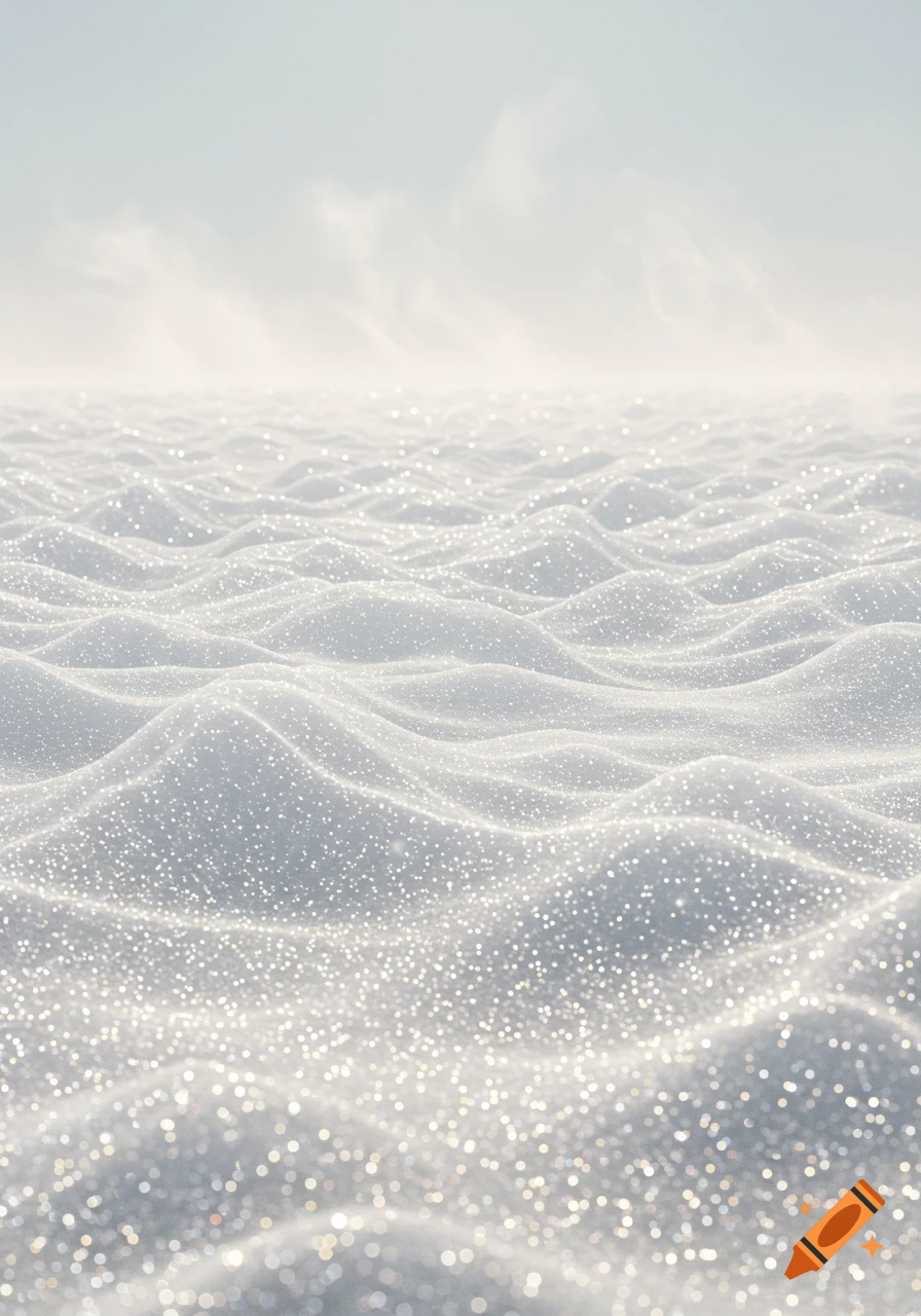 A vast, wavy field of sparkling white snow or crystals under a bright, hazy sky.