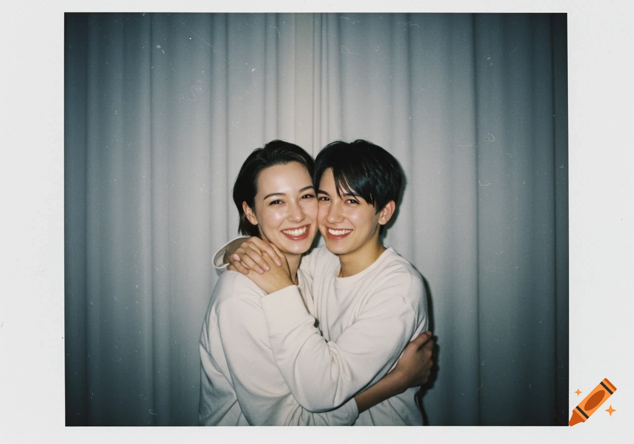 Two smiling people with short hair hugging against a white curtain background in a vintage Polaroid-style photo.