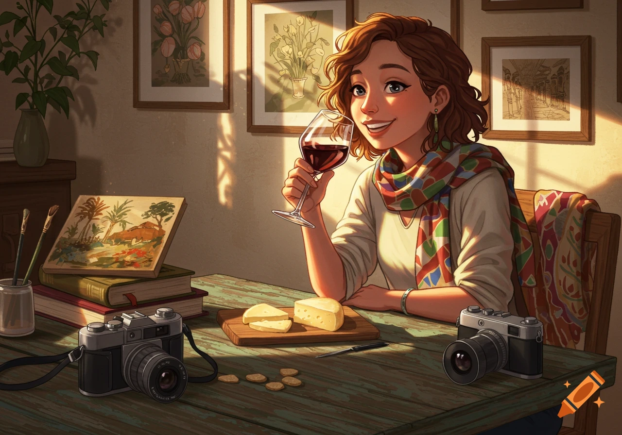 An illustrative portrait of a smiling woman with brown curly hair, holding a glass of red wine. She sits at a rustic table with cameras, books, art supplies, and cheese, with framed art on the wall behind her, bathed in warm sunlight.