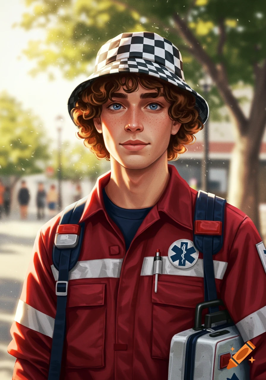Stylized portrait of a young man with curly hair, blue eyes, wearing a checkerboard bucket hat and a red paramedic uniform with a medical kit.