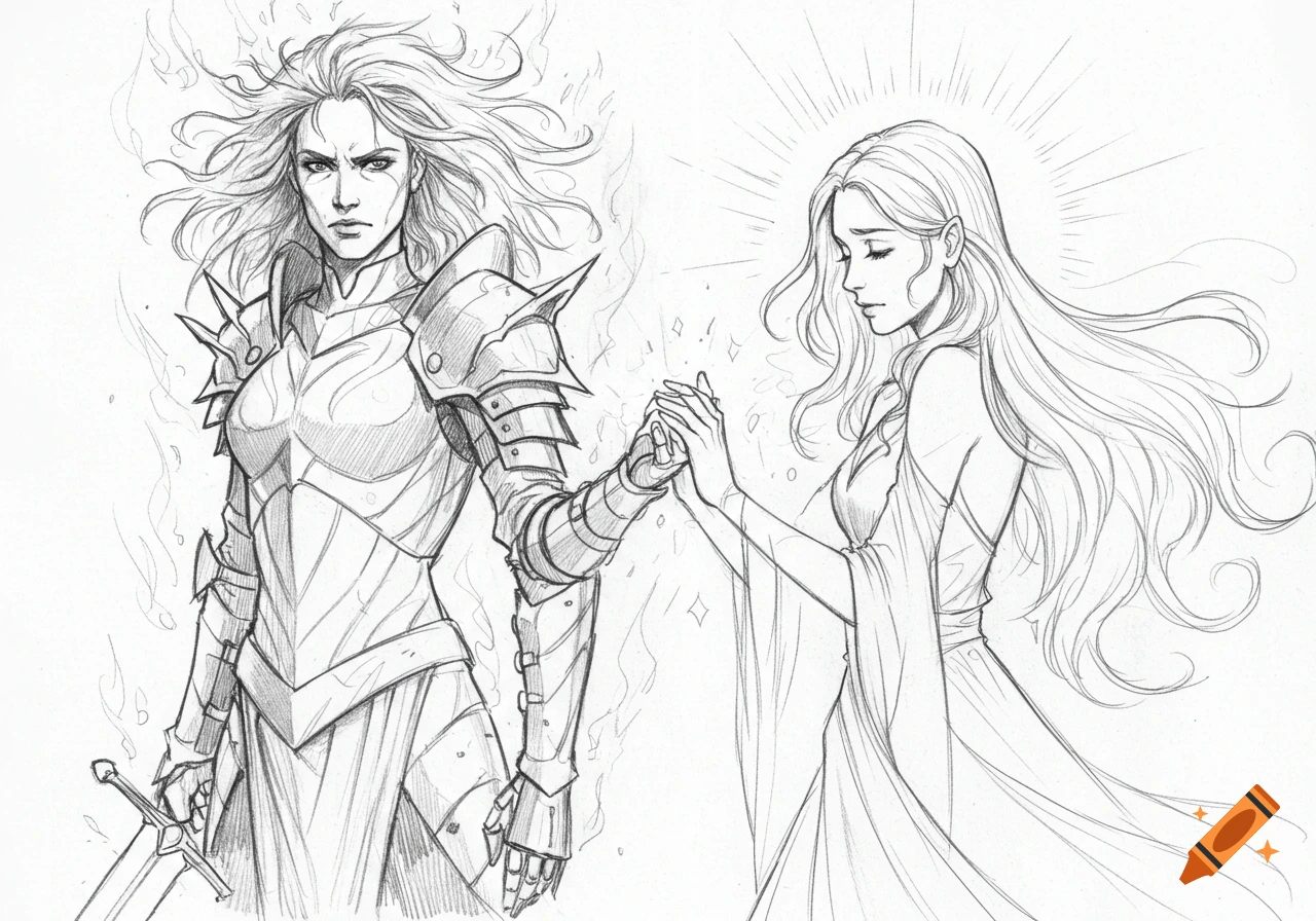 Pencil sketch of two women: a stern warrior in armor holding hands with a serene woman radiating light.