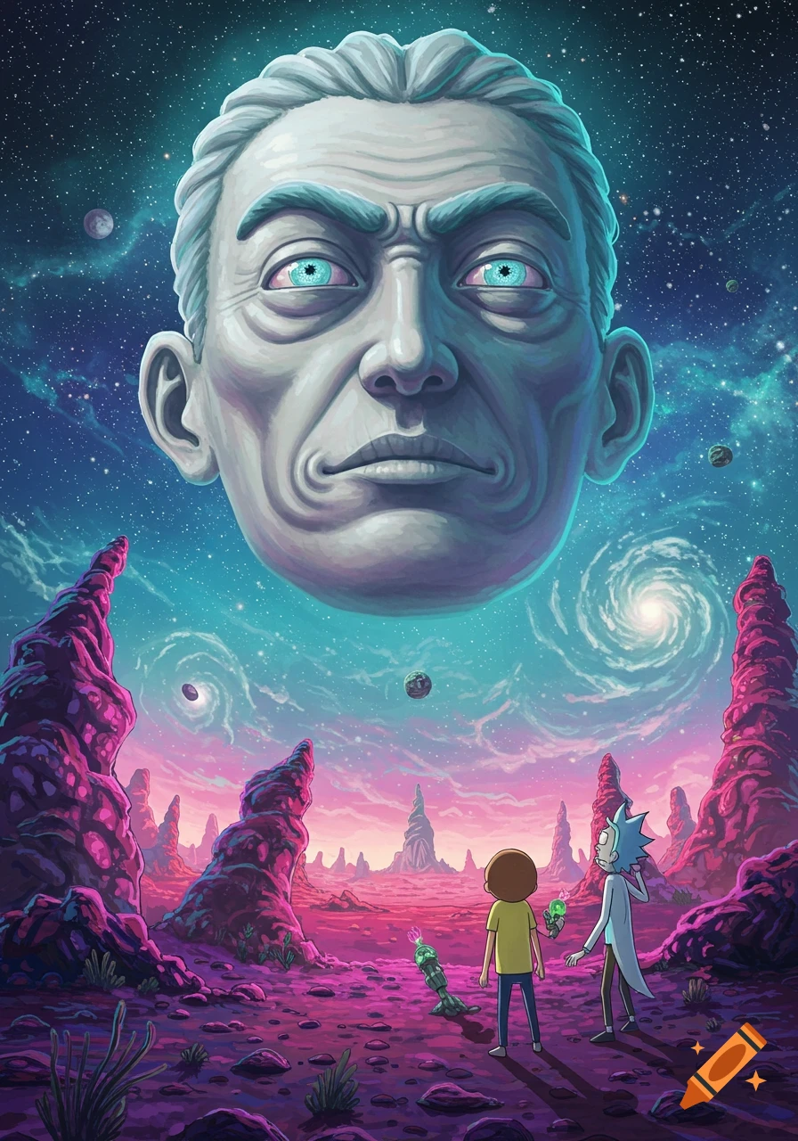 Rick and Morty stand on a purple alien planet beneath a giant, solemn floating head in a vibrant starry sky.