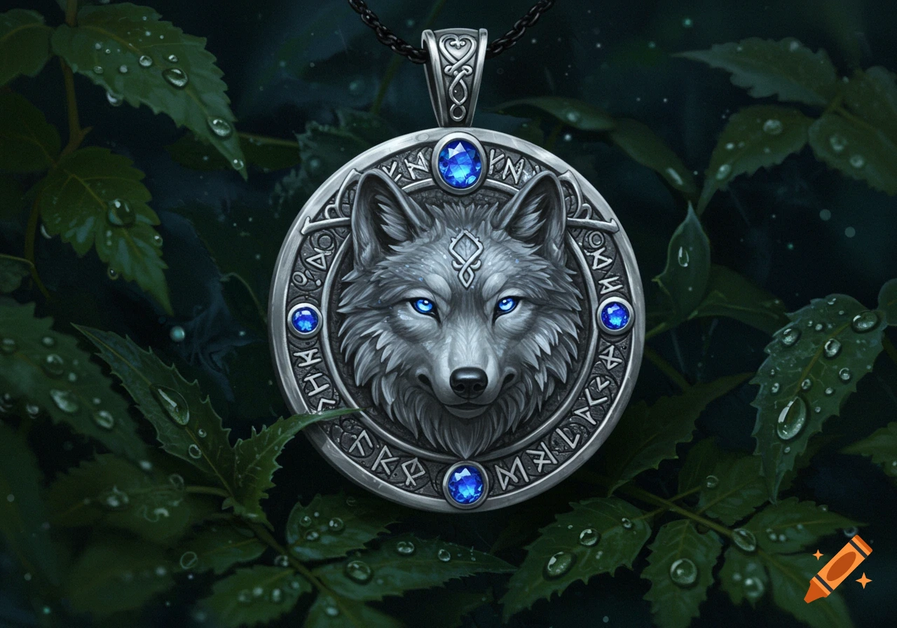 Detailed silver wolf amulet with sapphire eyes and runic engravings, surrounded by green leaves with water droplets.