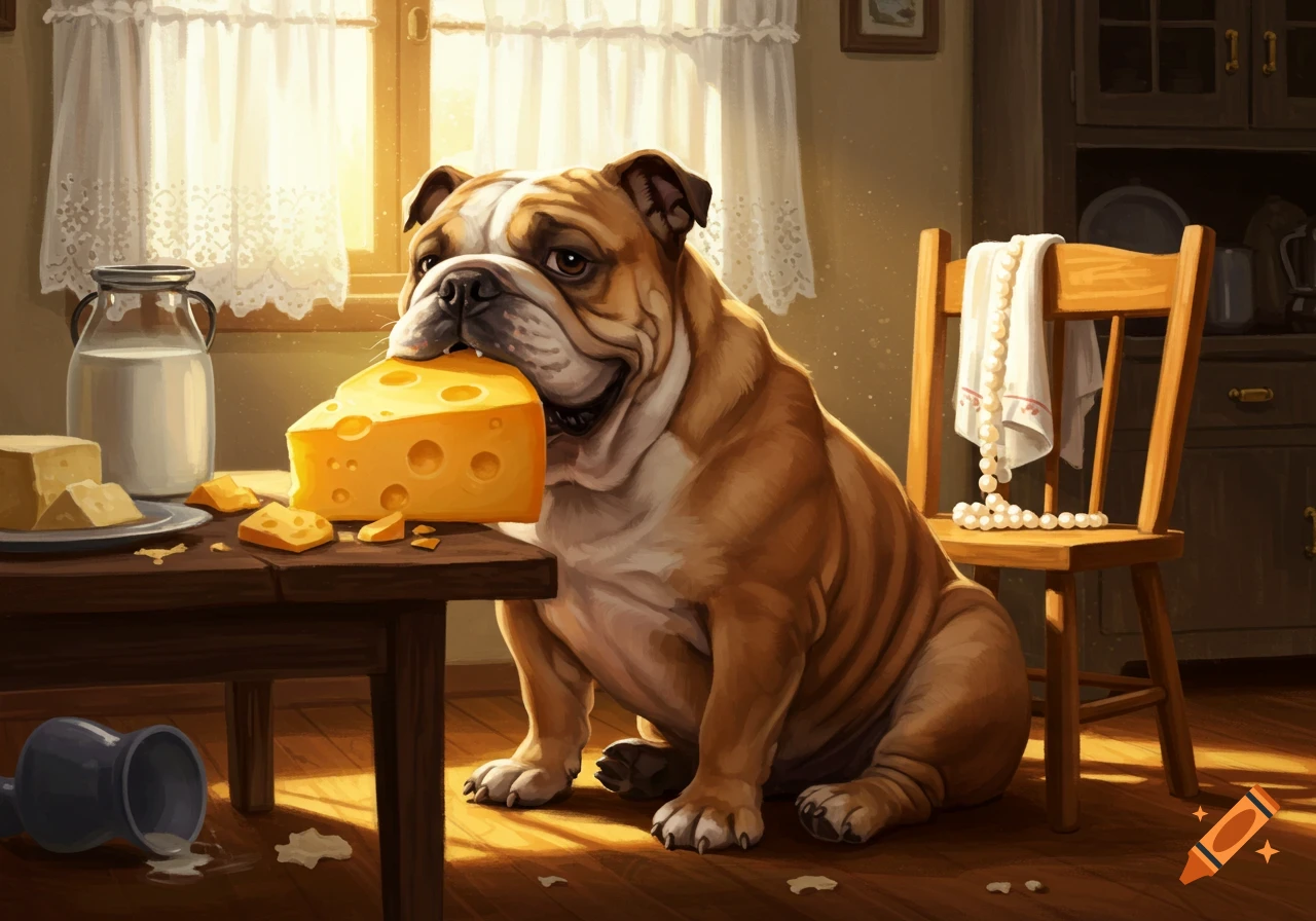 A mischievous bulldog with a large wedge of cheese in its mouth sits in a sunlit kitchen with spilled milk.