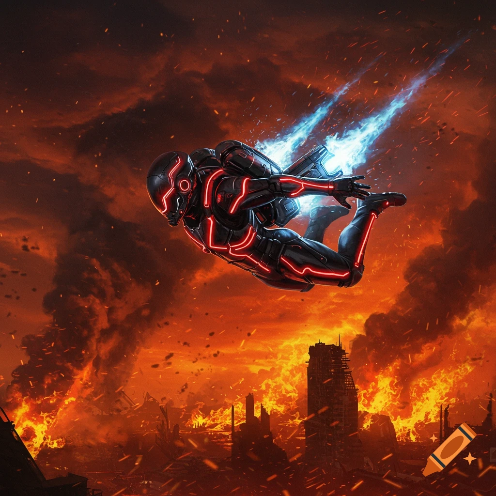 A futuristic helldiver in a black suit with red neon lines flies with jetpack flames over a burning, destroyed cityscape.