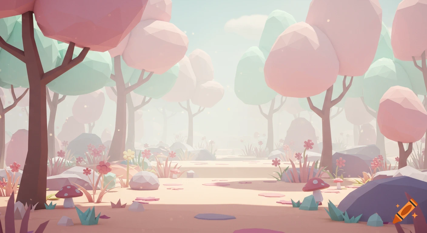 A cute, misty low-poly forest with pastel pink and mint green trees, small flowers, and mushrooms.