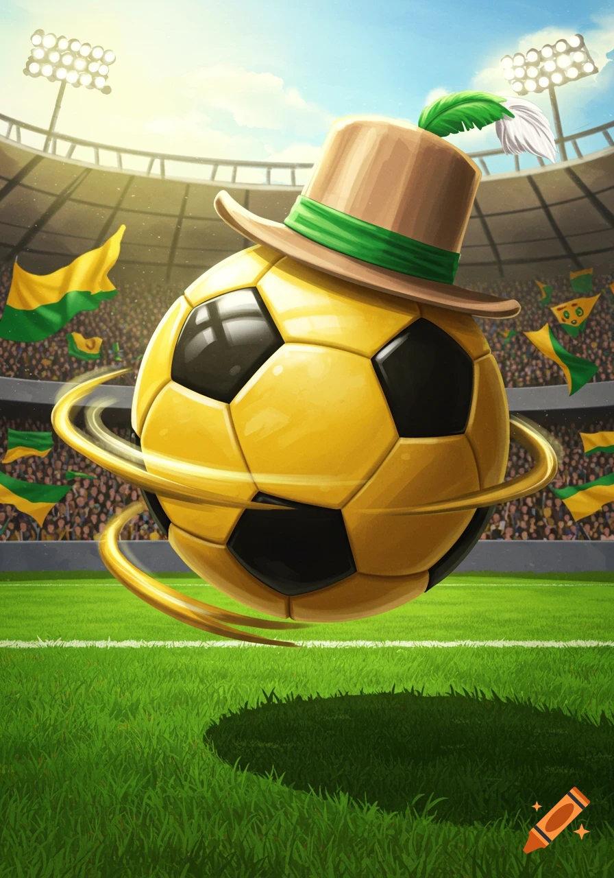 Cartoon yellow and black soccer ball wearing a top hat floats over a green field in a sunny stadium with fans.