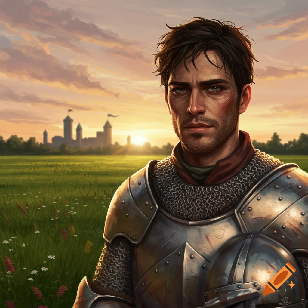Digital painting of a medieval knight with a rugged face, helmet off, standing in a grassy field at sunset with a castle.