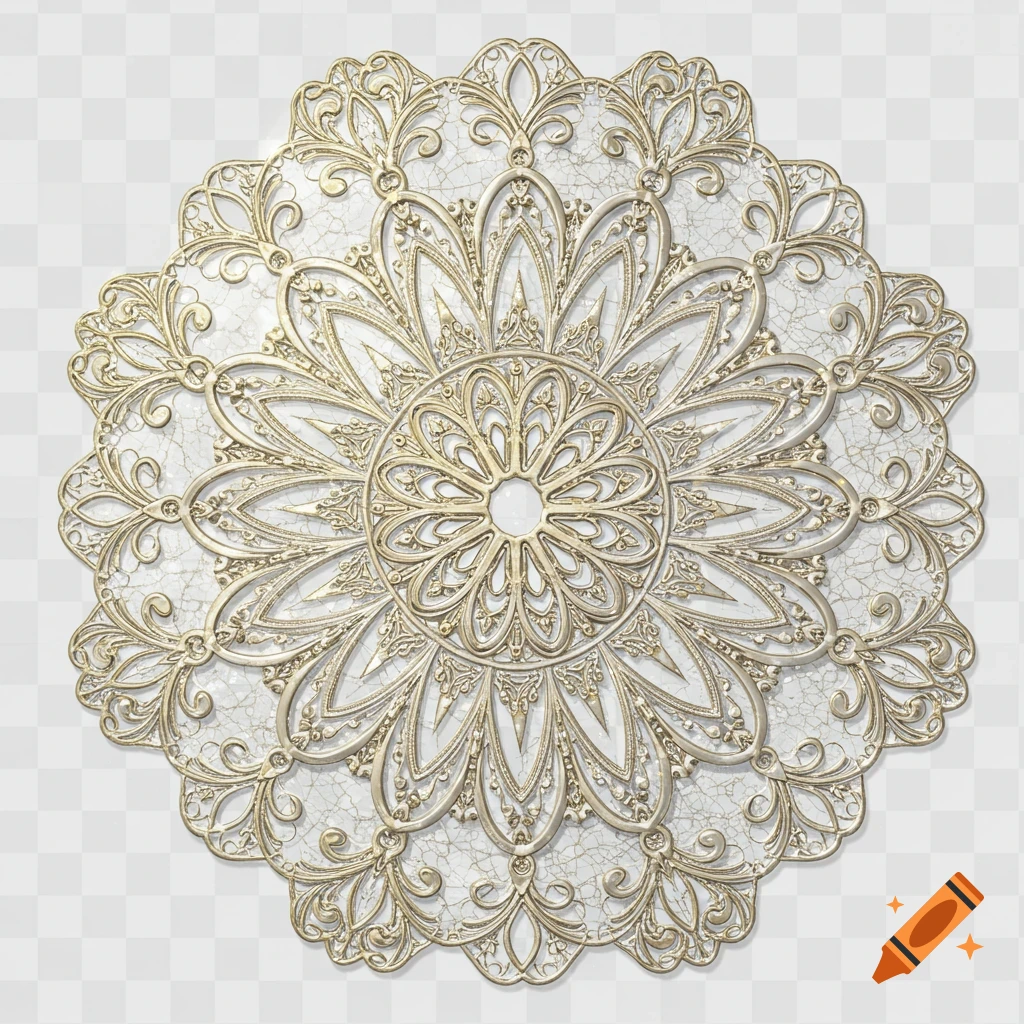 Intricate golden ornamental mandala on a cracked white texture with a transparent background.