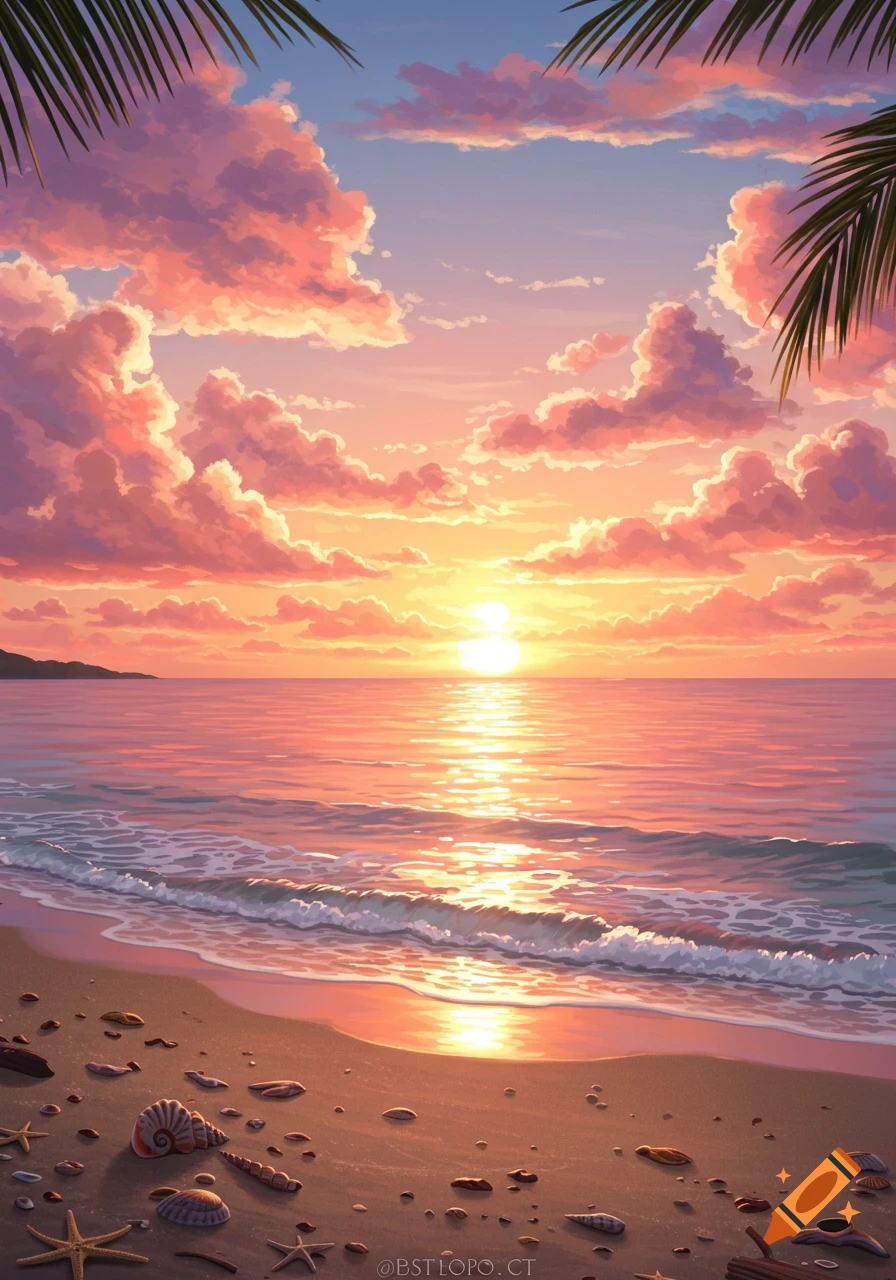 Vibrant illustrated beach at sunset with pink and orange clouds, golden reflections on the ocean, and seashells on the sand, framed by palm fronds.