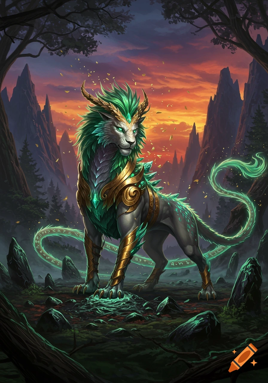A majestic green and gold fantasy lion-like creature with glowing eyes stands in a magical forest at sunset, surrounded by mountains.