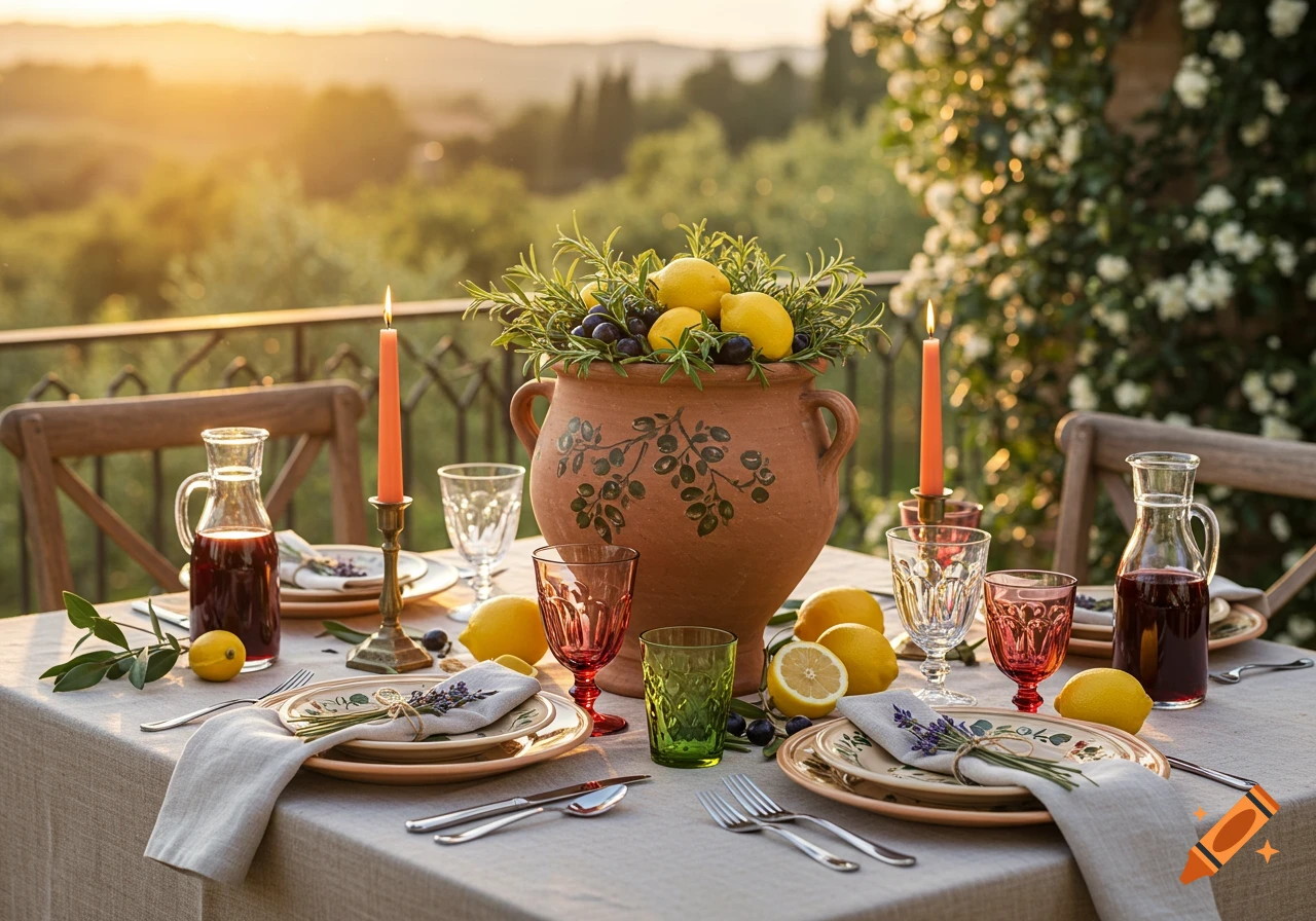Photorealistic outdoor Tuscan-themed table setting at sunset with lemons, olives, candles, and place settings.