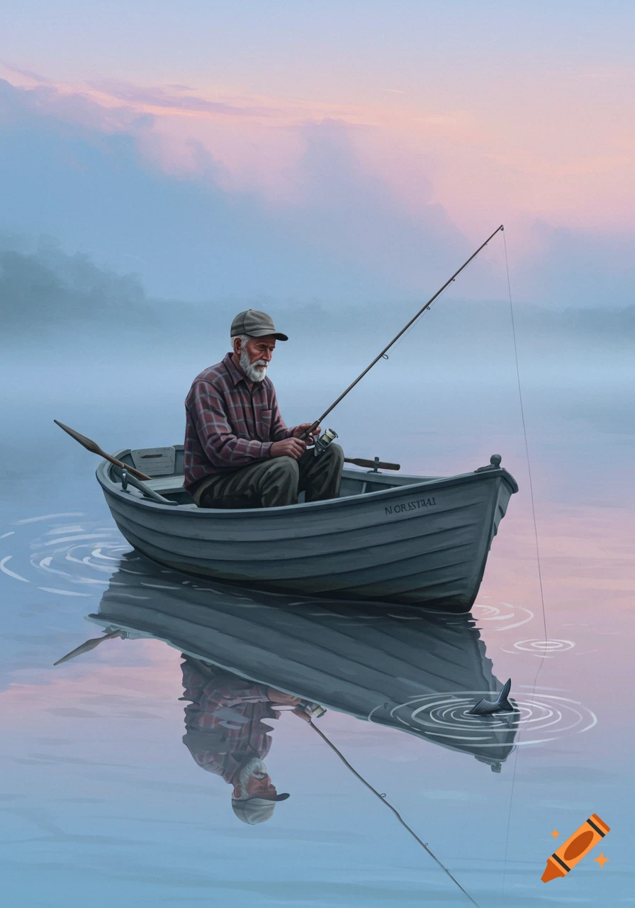 A serene painting of an old man with a white beard fishing from a small boat on a misty lake at dawn or dusk, with reflections on the water.