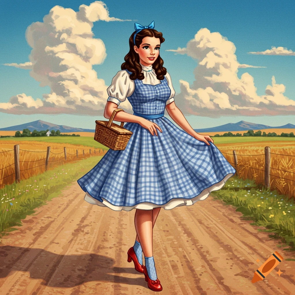 A pin-up illustration of Dorothy Gale in a blue gingham dress, red shoes, and a basket, standing on a dirt road in a golden field.