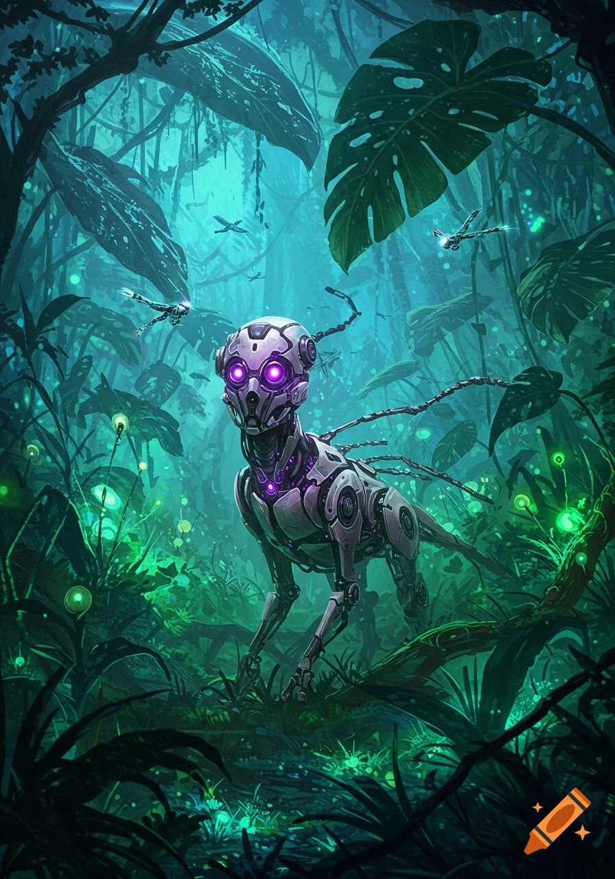 A sleek, gray robot creature with glowing purple eyes stands in a vibrant, bioluminescent jungle as mechanical insects fly around.