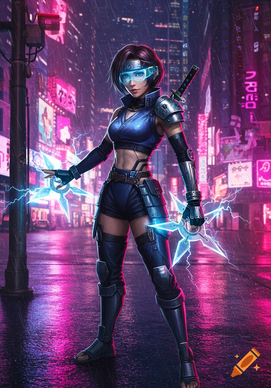 A cyberpunk character, a reimagined Yuffie, stands in a neon-lit, rainy city street, holding glowing shurikens.