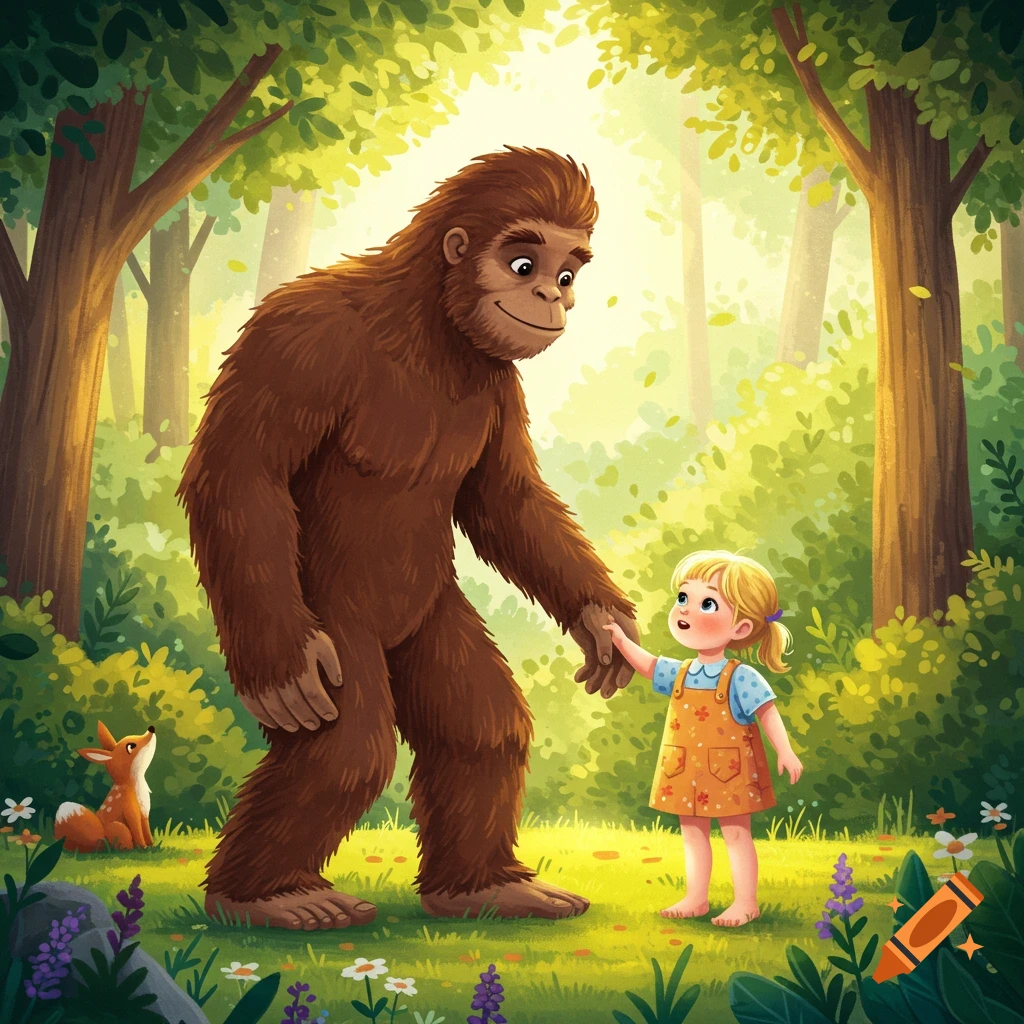 A children's book illustration of a large Bigfoot holding hands with a little girl in a sunny forest with a fox.