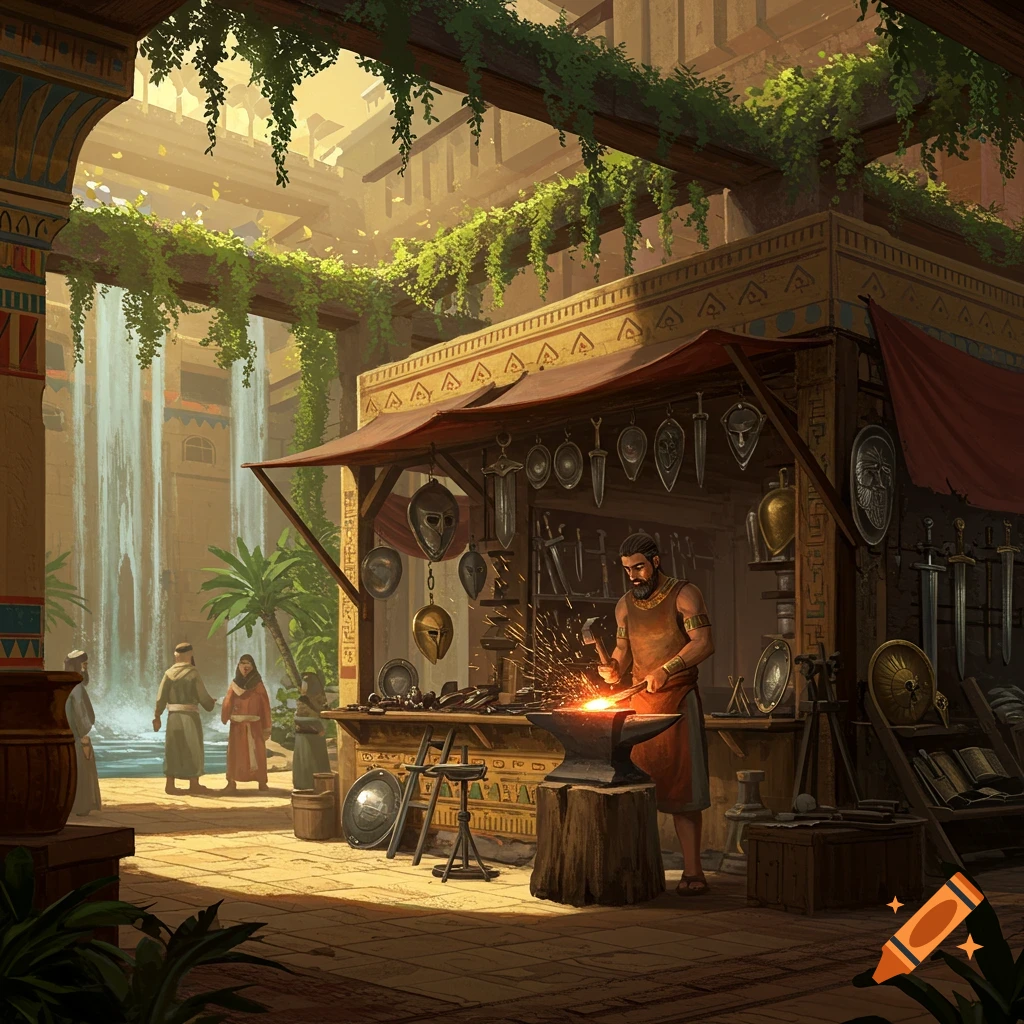 A man works at a blacksmith stall, forging metal with sparks flying, set in an elaborate ancient city with waterfalls and lush greenery.