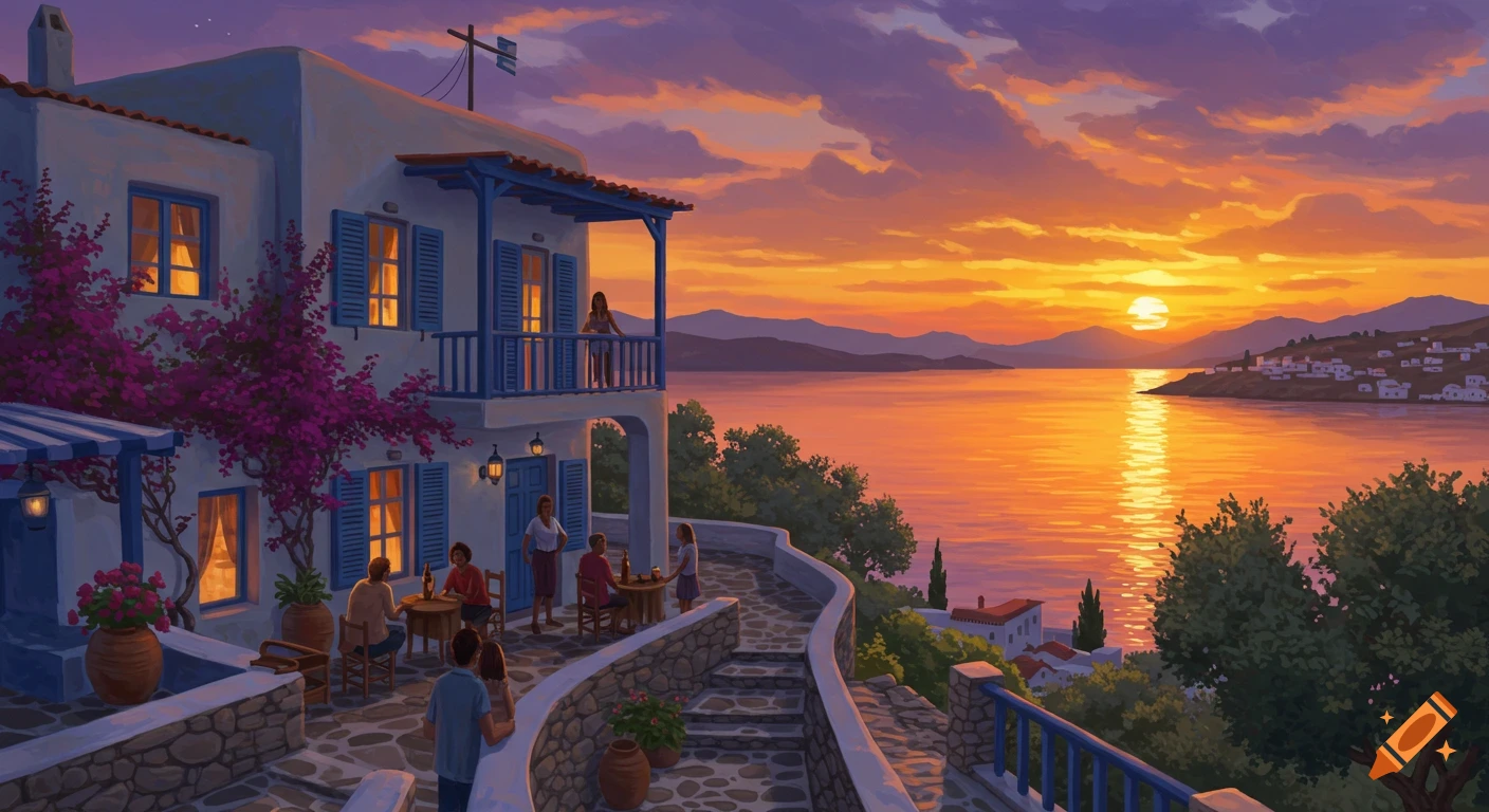 A vibrant painting of a Greek island village at sunset. People gather on patios overlooking the sparkling sea and distant hills.