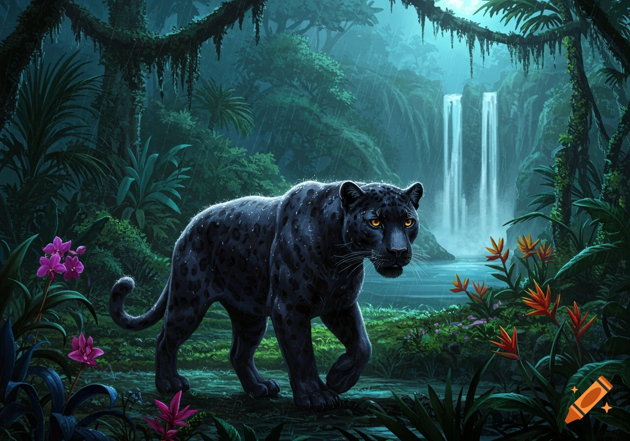 A majestic black panther with glowing yellow eyes prowls through a lush, rainy jungle with cascading waterfalls and vibrant flowers.