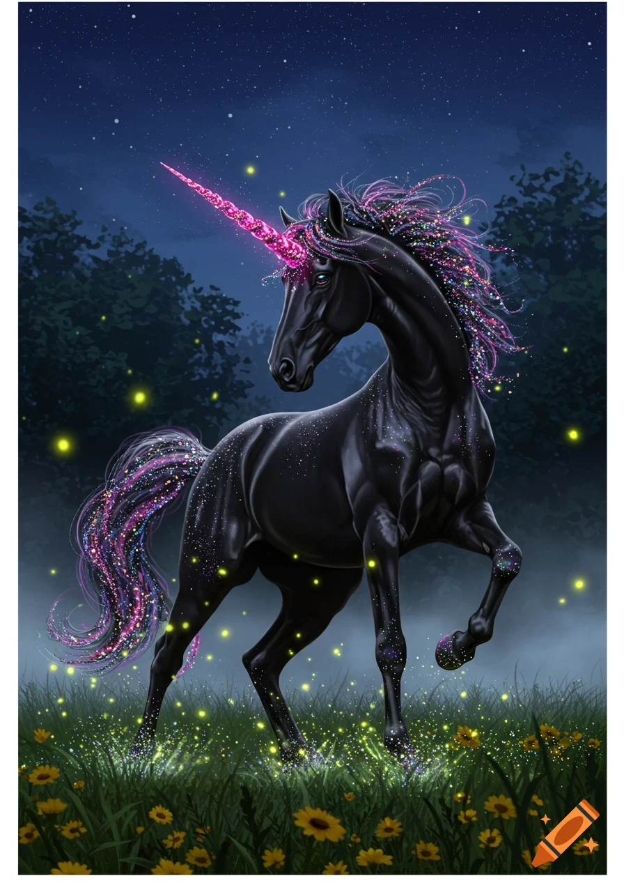 A majestic black unicorn with a shimmering pink glitter horn and sparkling mane stands in a field of yellow flowers under a starry night sky with fireflies.