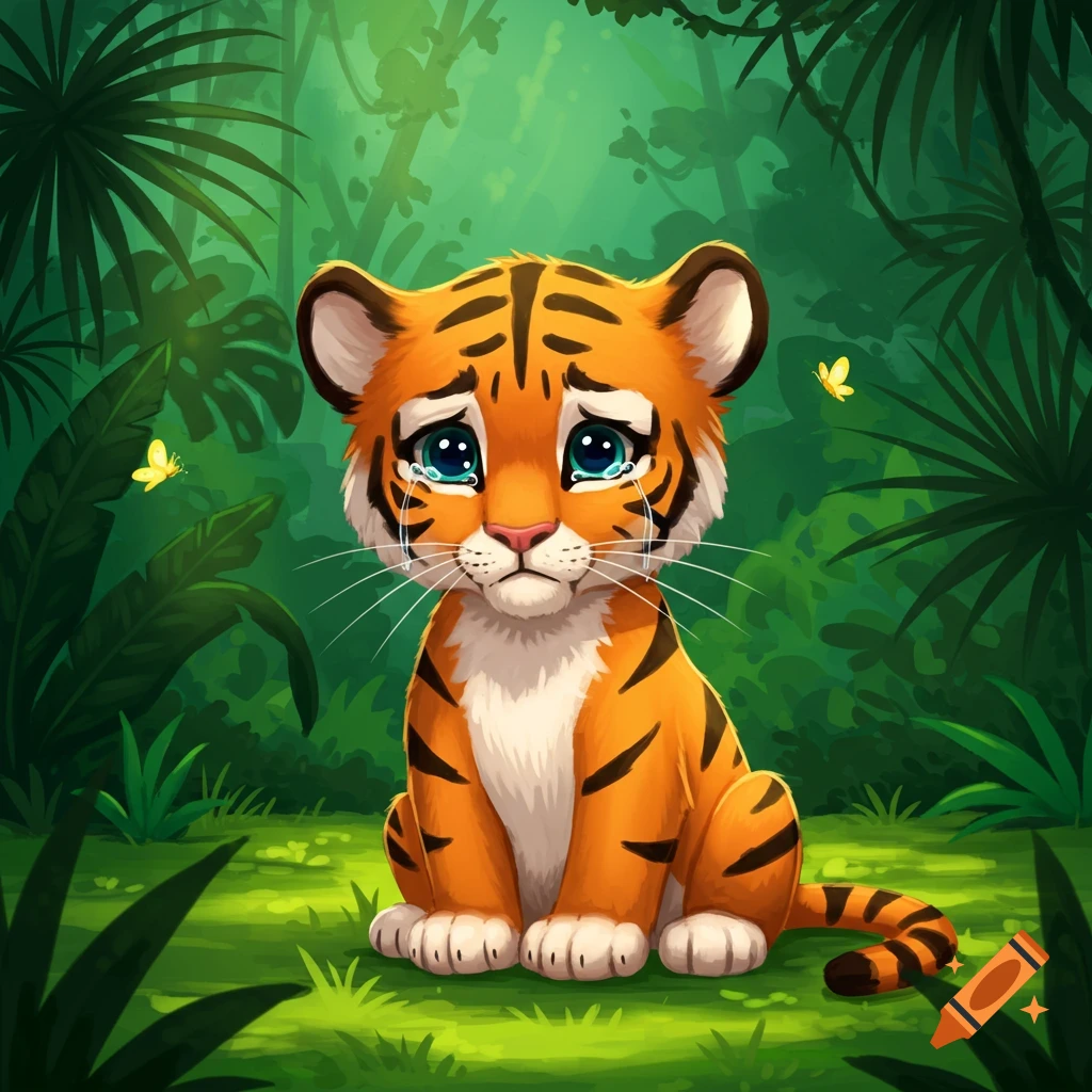 A cartoon tiger cub sits alone crying in a lush green jungle with butterflies.