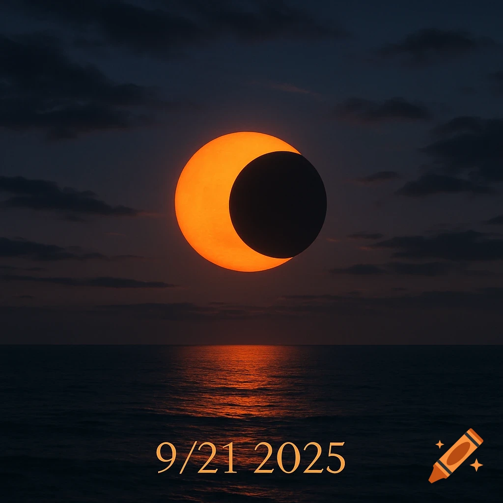 A partial solar eclipse with an orange sun partially covered by a dark moon over a dark ocean, reflecting the light. Text '9/21 2025' is at the bottom.