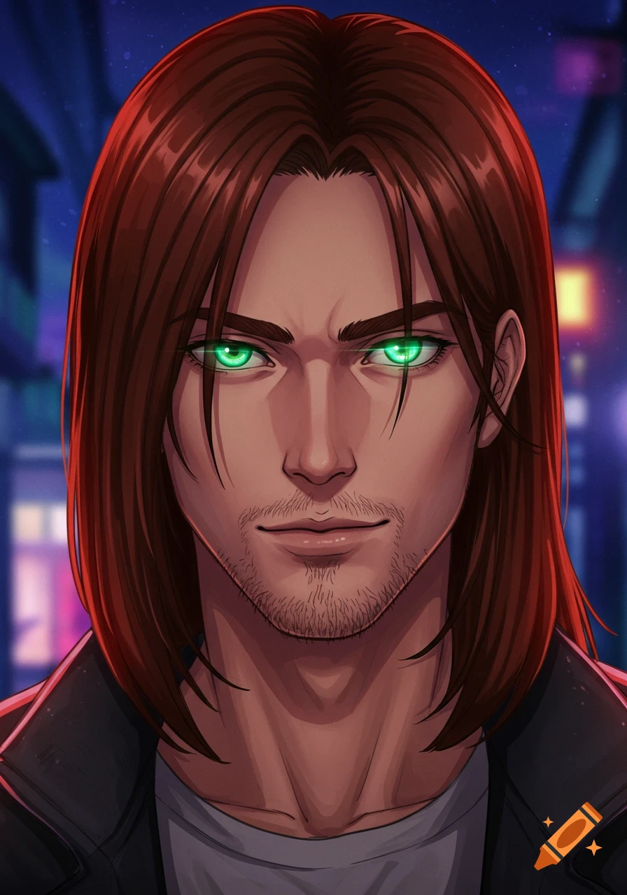 Anime style portrait of a man with long brown hair, stubble, and glowing green eyes against a dark, blurry city background.