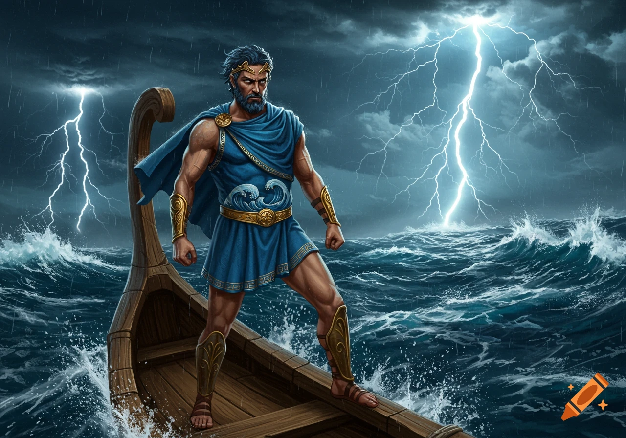A powerful man in a blue tunic and gold armor stands on a wooden boat in a stormy sea with lightning.