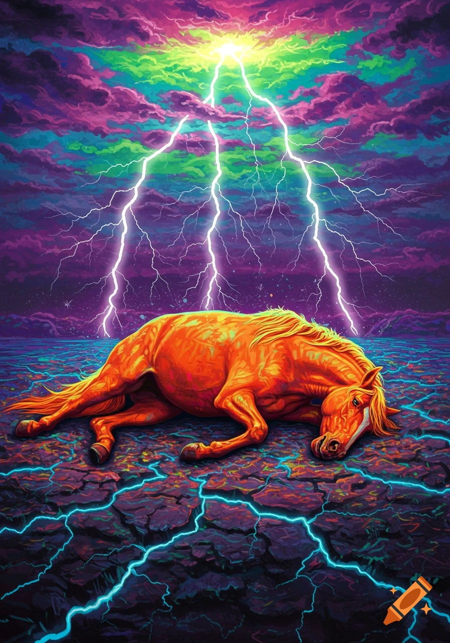 A vibrant, psychedelic illustration of an orange horse lying on cracked ground under a lightning storm with colorful clouds.