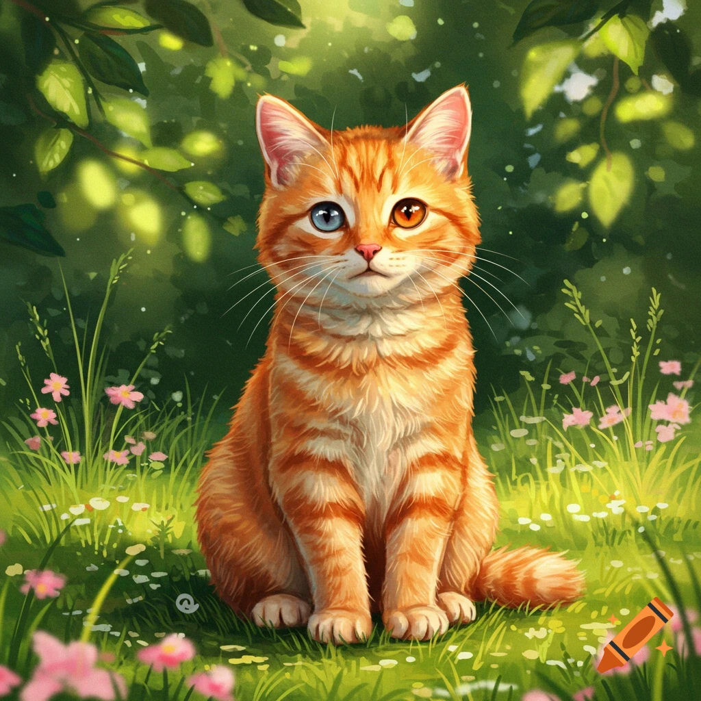 A cute orange tabby cat with one blue eye and one orange eye sits in a lush green meadow with pink flowers.