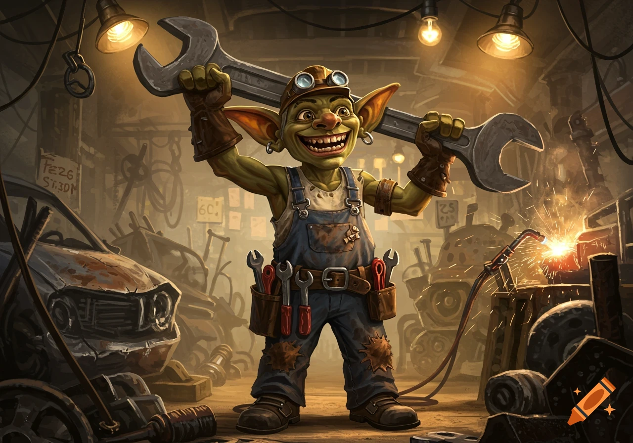 A grinning goblin mechanic holds a giant wrench over his shoulders in a cluttered garage with welding sparks. Stylized art.