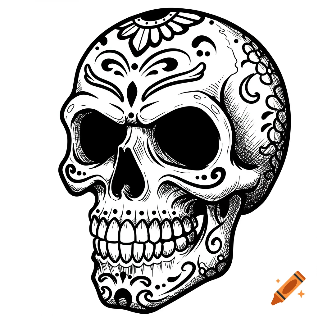 Black and white stylized skull drawing with ornate decorative patterns.