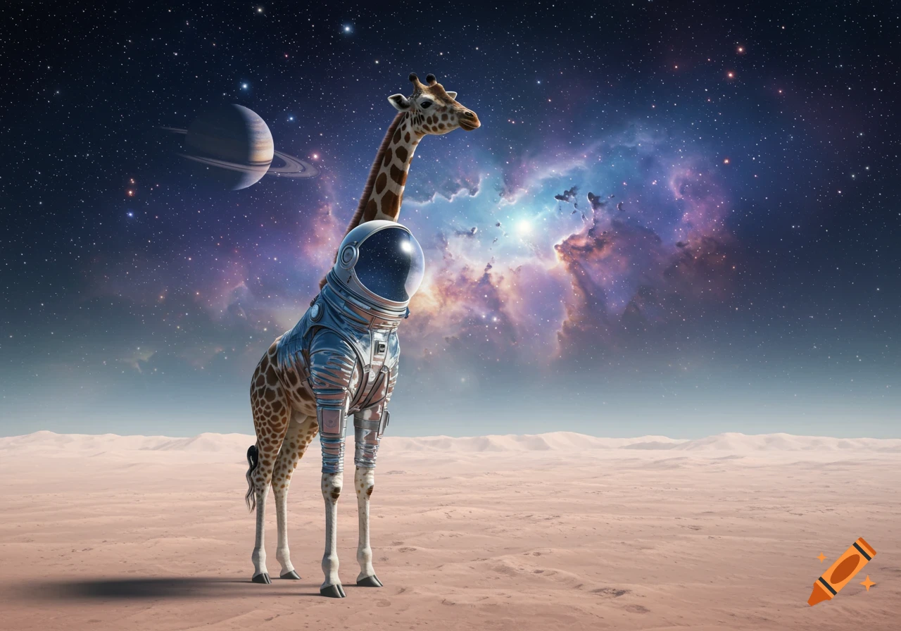 A giraffe in an astronaut suit stands on a desert planet under a starry sky with a nebula and ringed planet.