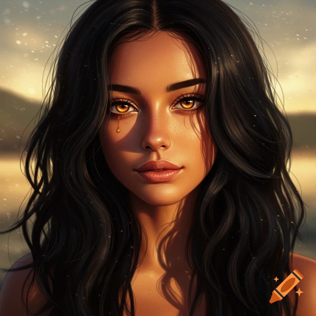 Close-up digital painting of a young woman with dark wavy hair, glowing amber eyes, tan skin, and a golden tear.