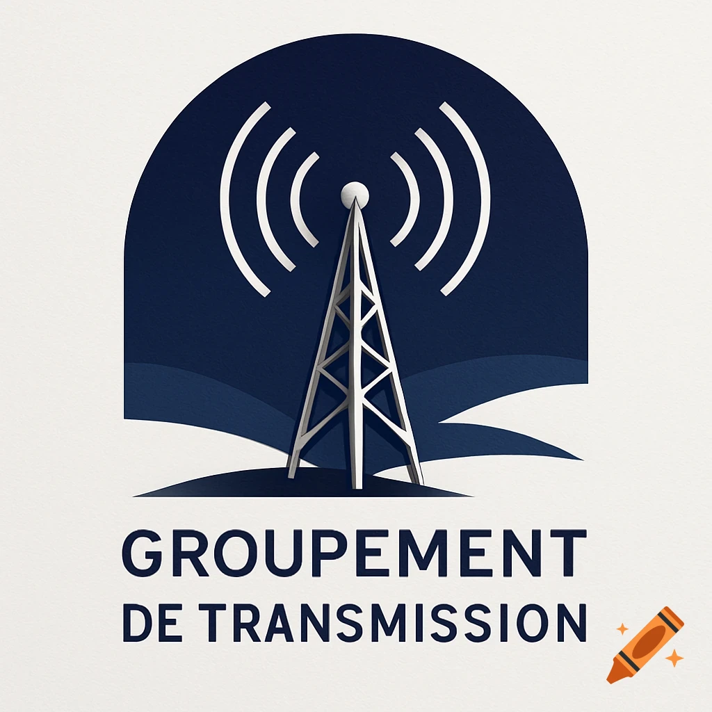 A logo featuring a white radio tower with signal waves against a dark blue semi-circle, with 'GROUPEMENT DE TRANSMISSION' text.